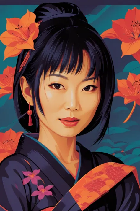 concept poster a Japanese woman, full body portrait at amazon lily . digital artwork by tom whalen, bold lines, vibrant, saturat...