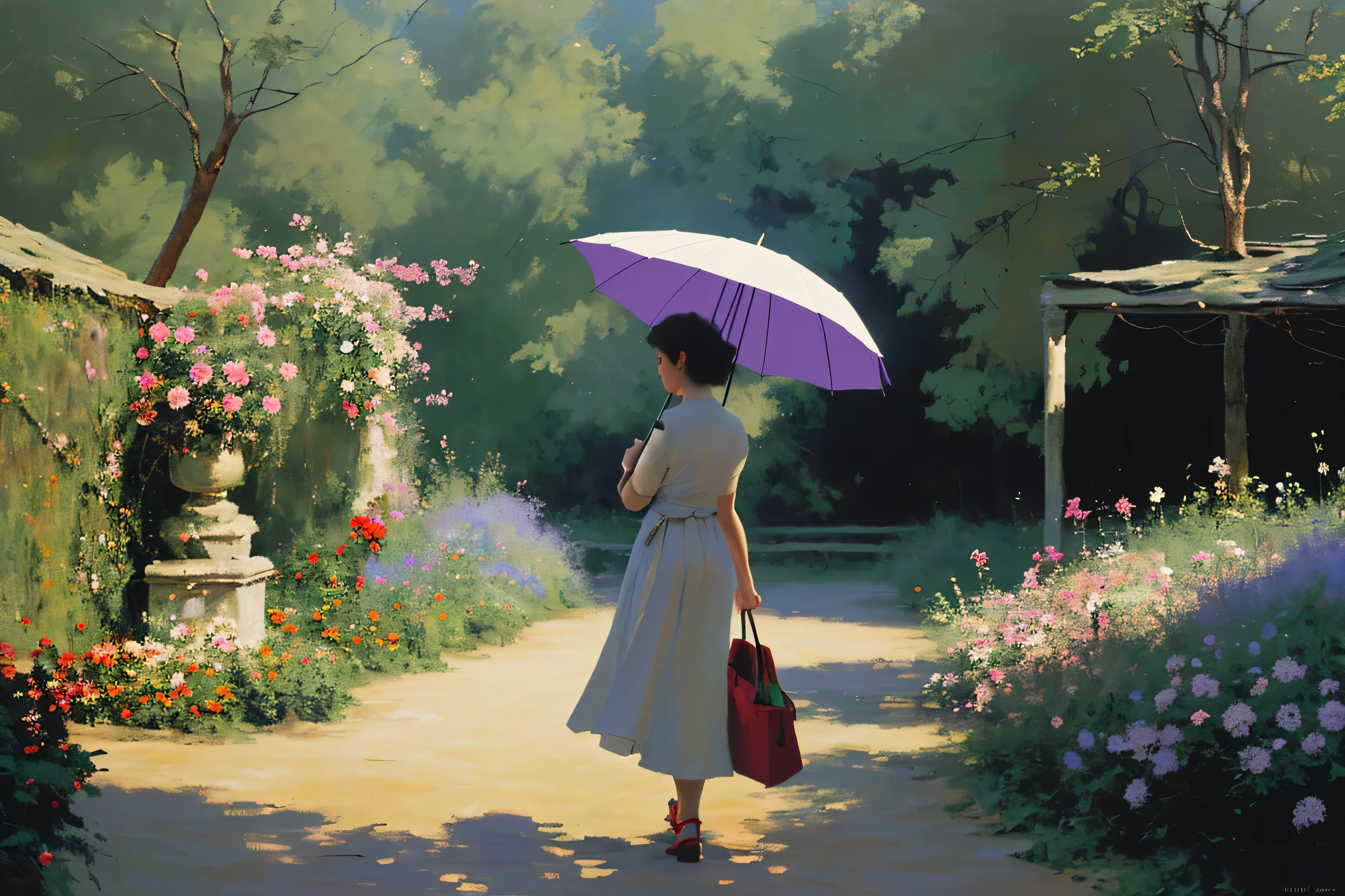 A woman holding an umbrella，In Monet&#39;s Garden（（On the path））walk，real people，Brightly colored flowers are everywhere，A long strip stretching into the distance，Forest in the distance，Like an oil painting，Photography，One person, two hands。《The umbrella handle is not long》