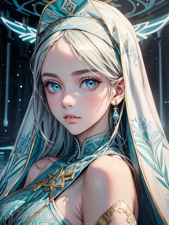 (best quality,8K,high resolution,masterpiece:1.2),Super detailed,Futurism,Surrealism,Beautiful and delicate lake green eyes,Beautiful and delicate lips,extremely detailed face,super long hair,1 girl,Beautiful girl with aqua hair,Wearing a sci-fi dark blue nun costume,Platinum nuns headscarf(gold ornaments),(golden silver pattern),(Glowing pink pattern),(Glowing light blue pattern)(complex pattern:1.4),Lovely,attractive,portrait,delicate eyes,ancient tranquil church,(Luminous clothing design),(glowing floating decoration),Luminous earrings,Reflective pupil,see-through clothing design,black gloves