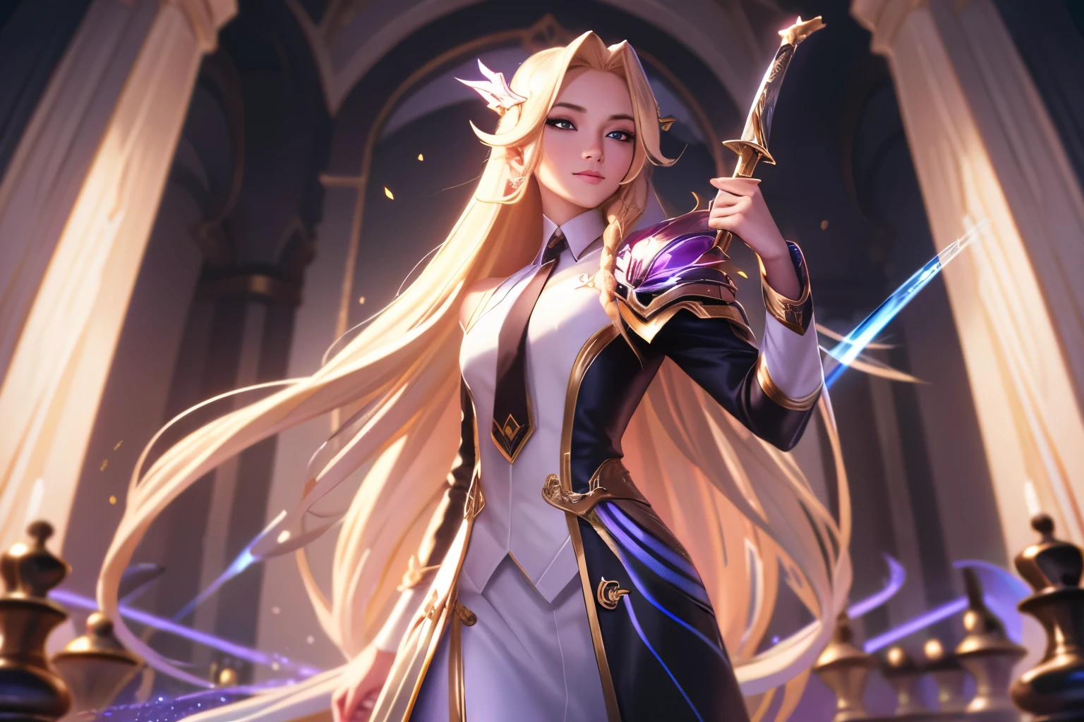 1 pessoa, cabelo loiro longo, privilégio, (เวทมนตร์brilharสีทองดำ:1.2), Harmonia, Arte inicial de League of Legends, mulher,Olhos castanhos,brilhar,vista frontal,Palácio,xadrez,Casaco branco,Amarre seu cabelo,camisa branca,segurando uma espada,Lutar,flor,Esquentar,Trança,Magia negra,espectro,vidro quebrado,Terno com ombreiras