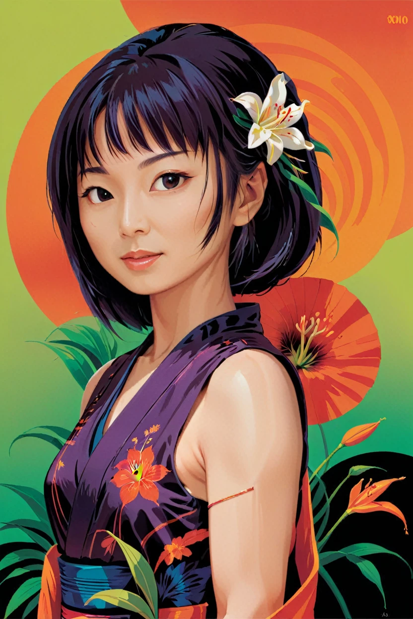 affiche conceptuelle d&#39;une femme japonaise, portrait complet du corps chez Amazon Lily . oeuvre numérique de Tom Whalen, lignes grasses, vibrant, couleurs saturées