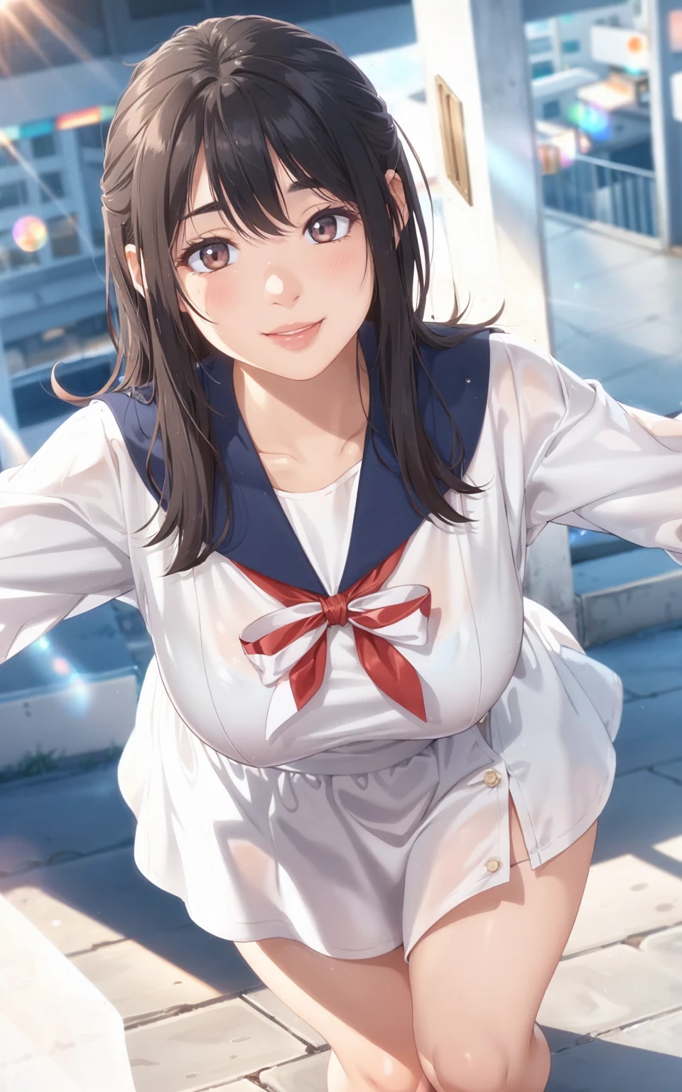 1 girl, 16yo, alone, sailor suit, brass band, black eye, realistic, High resolution, blush, highly detailed face, (medium hair), (Medium chest), floating hair, smile, Open_mouth, full body, (dynamic pose:1.2), View from above, (daytime), ((looking at the viewer:1)), (look at the camera), (portrait:0.6), nice, Are standing, Maintain original facial proportions, brown hair, lips, lipstick, seductive smile, teeth, eyelash, photorealistic, Lens flare, soft lighting, cowboy shot, highest quality, masterpiece, 8K, baseball Ground