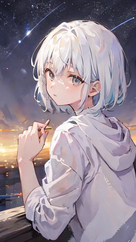 girl，white hair，short hair，white eyes，sit and look back at me，only the upper body is visible，starry sky background，top hill back...