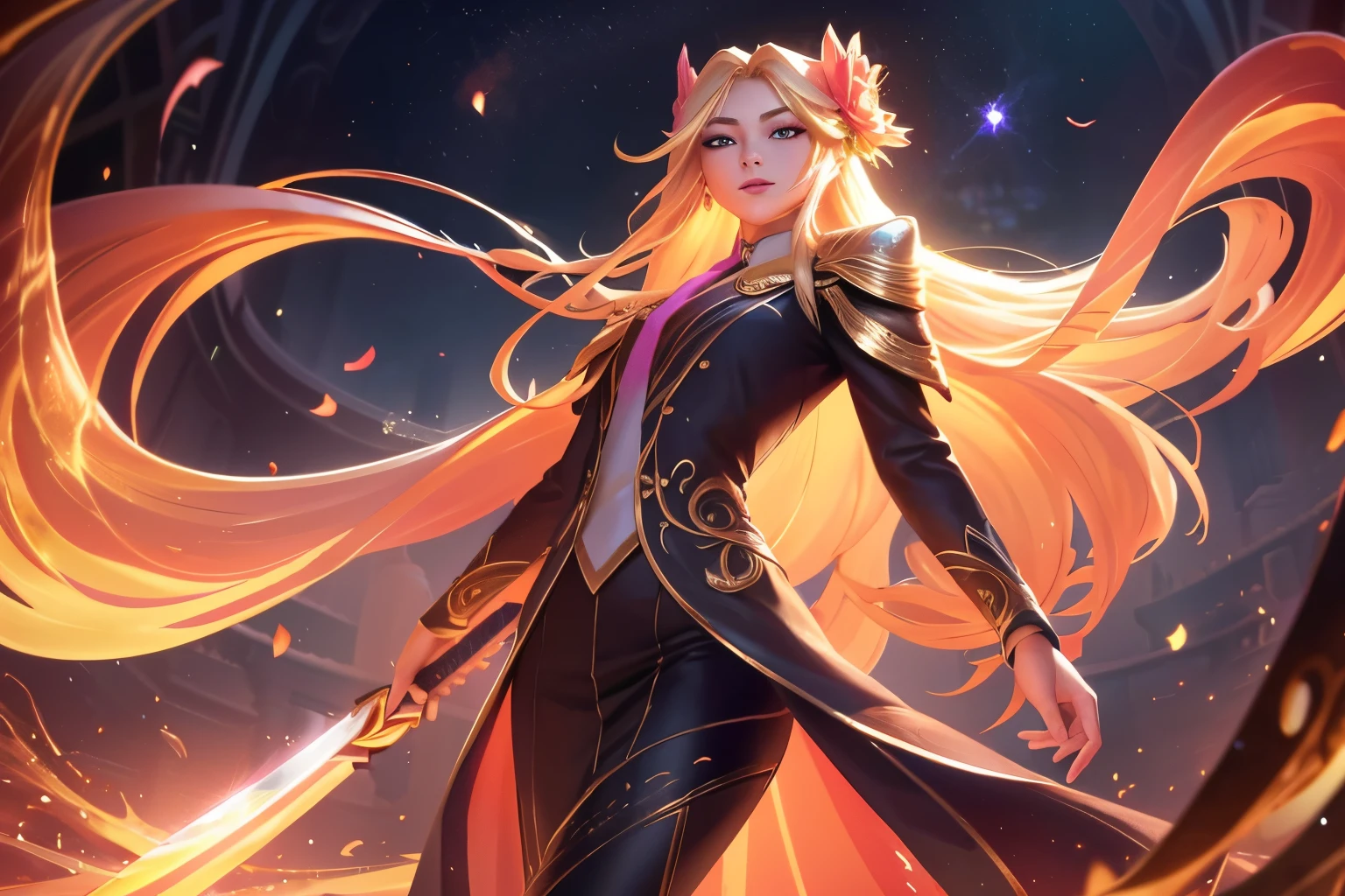 1 pessoa, cabelo loiro longo, privilégio, (เวทมนตร์brilharสีทองดำ:1.2), Harmonia, Arte inicial de League of Legends, mulher,Olhos castanhos,brilhar,vista frontal,Palácio,Casaco branco,Amarre seu cabelo,camisa branca,segurando uma espada,Lutar,flor,Esquentar,Trança,Magia negra,espectro,vidro quebrado,Terno com ombreiras,rosa,magia de fogo dourado