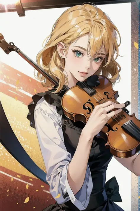 1 girl,silhouette， playing violin, violin, bow \(music\), rain, on the road, SakuraFubuki, golden hair, highest quality, 8K, mas...