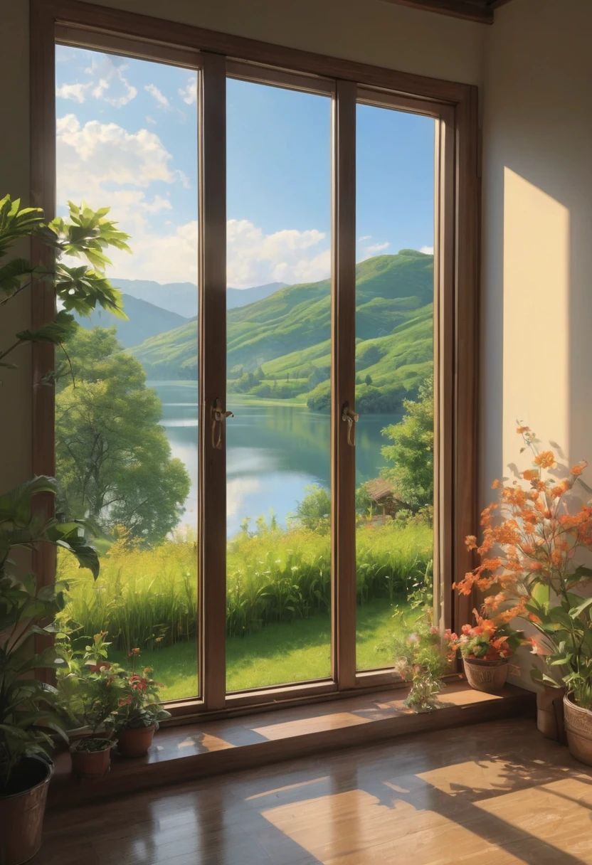 1girl, The View Outside the Window, (4k,8k,highres,:1.2),ultra-detailed,(realistic,photorealistic,photo-realistic:1.37),indoor view,window view,outside scene,outdoor scenery,breathtaking landscape,panoramic view,serene atmosphere,clear blue sky,rolling hills,green meadows,colorful flowers,trees swaying in the wind,sun shining brightly,golden sunlight streaming in through the window,glimmering lake in the distance,crystal-clear water,reflection of the sky on the water surface,lush forests,majestic mountains on the horizon,peaceful countryside,tranquil setting,quiet ambiance,gentle breeze rustling the leaves,morning mist over the fields,tiny birds chirping,soft rays of sunlight illuminating the room,nature's beauty at your doorstep,serenity of the outside world,boundless beauty right outside the window . masterpiece, best quality, very aesthetic, absurdres, aesthetic