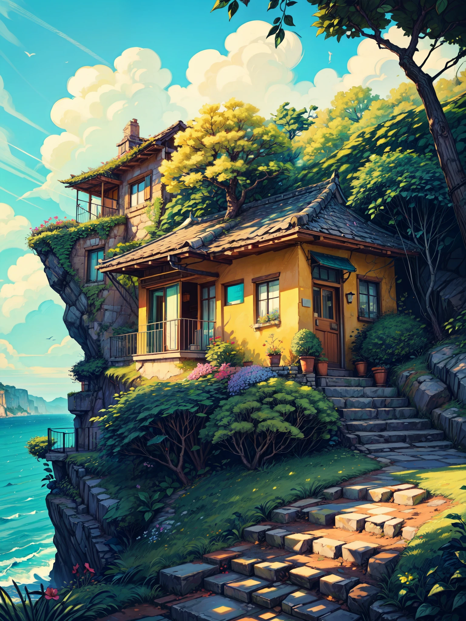 wide view, a beautiful cottage on a sandstone cliff, sea, bougainvillea flowers, stairs, day light, evening, yellow and green trees, blue cloudy sky, aesthetics, vibrant tones, scenery, beautiful ambience, 8k, bright volumetric light, peaceful scene, light shining on part of foliage, micro landscape, intrinsic details