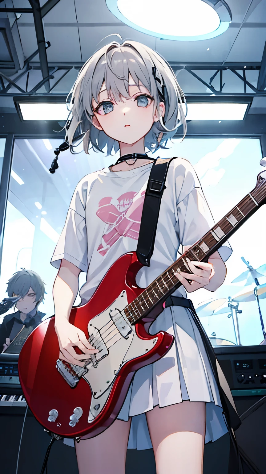 Anime girl with a guitar in a music studio with a microphone - SeaArt AI