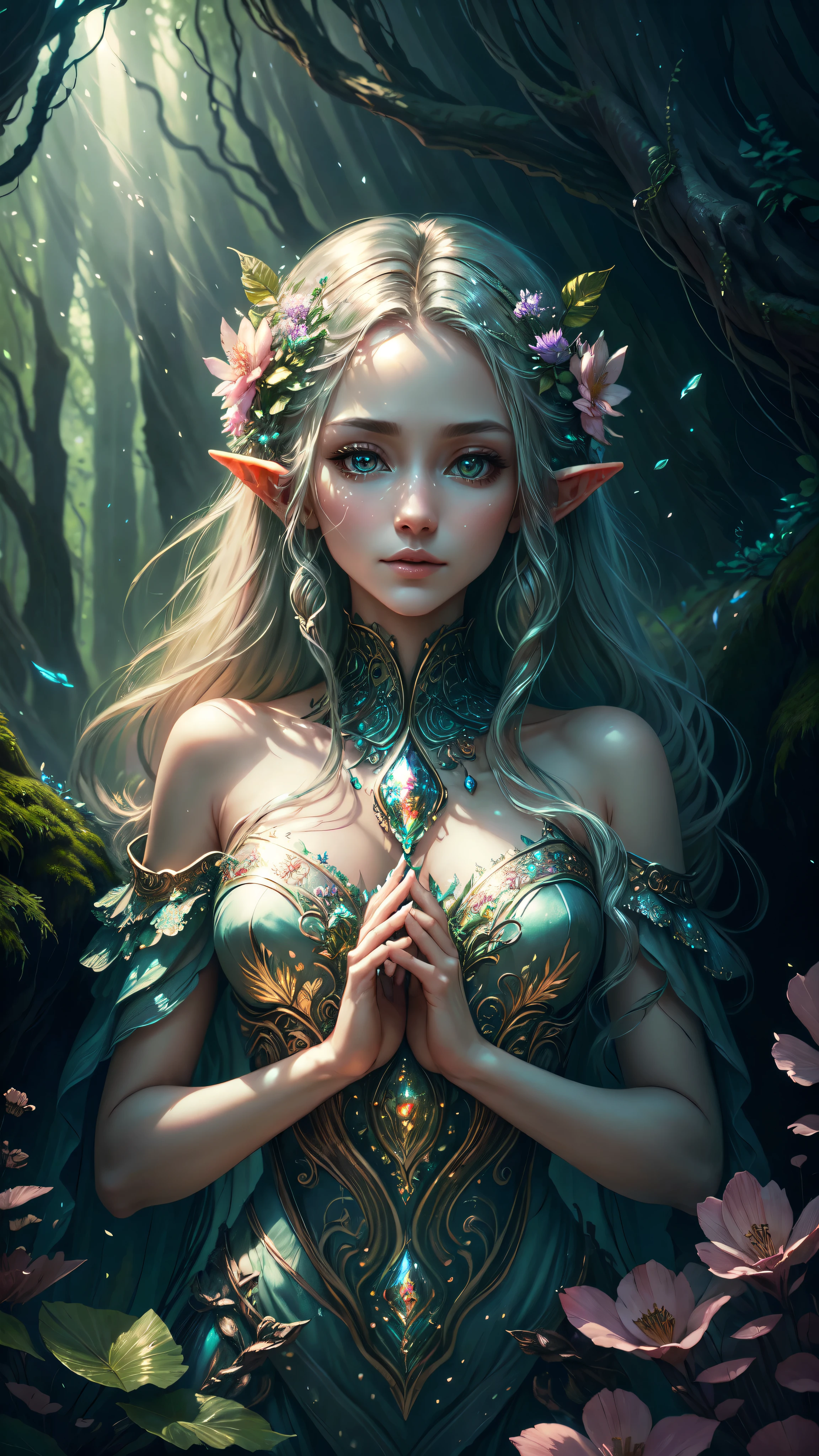 (highres,best quality),detailed elf woman,detailed face,detailed eyes,looking up to the sky,half-naked,neon colors,landscape background,forest  flowers elements,waterfall,ethereal atmosphere,soft sunlight,serene expression,flowing hair,fantasy setting,magical ambiance,glowing flowers,delicate features,enchanted forest,rays of light,pastel hues,mystical creatures,majestic trees,sparkling water,dappled shadows,ethereal beauty,fierce yet elegant,graceful posture,strong connection with nature,mysterious eyes,wisdom and enchantment,harmonious blend of fantasy and reality,mythical realm,magic in the air,serenity and tranquility,immersive experience,whimsical and captivating,unforgettable visual journey,masterpiece artwork, detailed face, detailed eyes, detailed hands