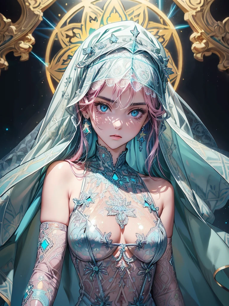 (best quality, high resolution, masterpiece:1.2), Super detailed, Beautiful and delicate lake green eyes, Beautiful and delicate lips, extremely detailed face, super long hair, 1 girl, Beautiful girl with aqua hair, Wearing a glow dark blue nun costume, Lace platinum nuns headscarf, (gold ornaments), ((golden and silver pattern)), (Glowing pink pattern:1.37), (Glowing light blue pattern:1.37), (complex pattern:1.37), Lovely, attractive, portrait, delicate eyes, ancient tranquil church, (Luminous clothing design:1.47), Luminous earrings, Reflective pupil, see-through clothing design, empty, chiffon, lace, black gloves, Cubist Futurism, anime, 8K, textured skin, UHD, ccurate