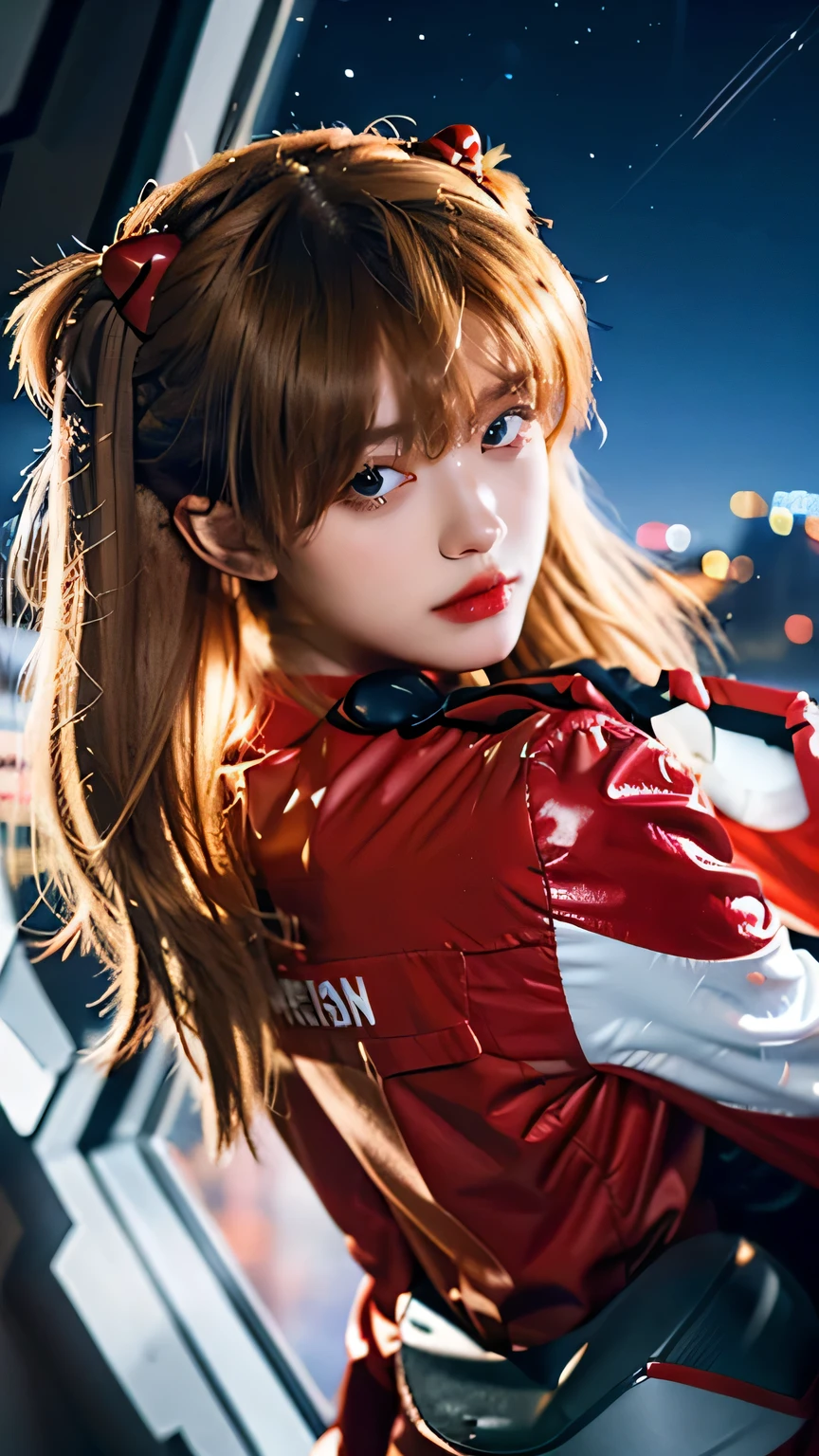 (top view),Dynamic angle,Super detailed, illustration, bust, direct, 1 girl, 
 ((Soryu Asuka Langley, interface headphone, red jumpsuit:1.4, Blonde)),Her eyes shone like fantastic stars,(glowing eyes:1.233),(Beautiful and delicate eyes:1.1),(Poker face,Keep your mouth shut),(permanent), 
(Mechanical room with tools and spaceship windows in white spaceship),
(night:1.2),fantastic, [[slender fingers and hands:0.55]::0.85],(Detail fingers),