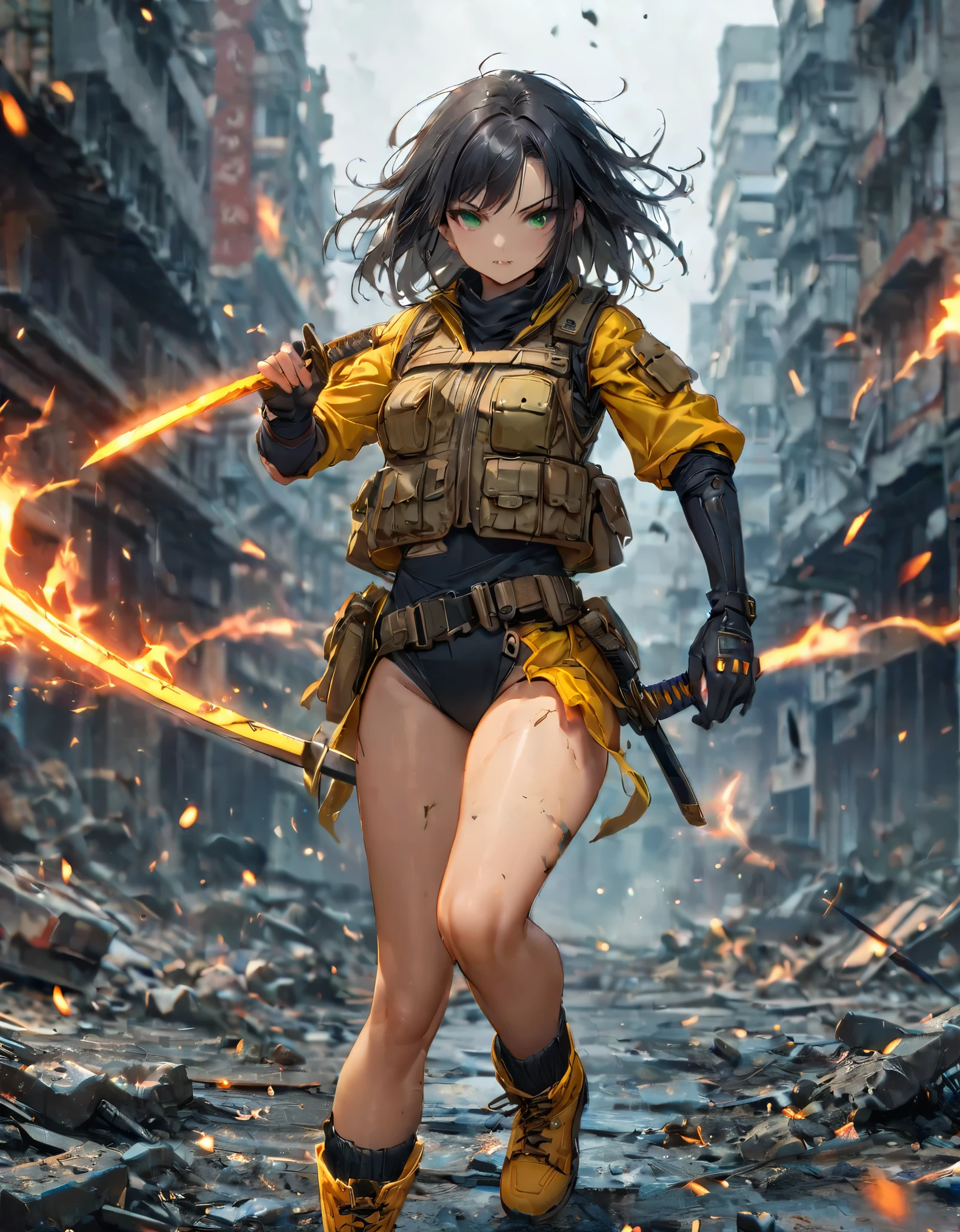 1 fille, photo en gros plan, (cheveux noirs, cheveux moyens, seins moyens, yeux verts), ninja, anatomie parfaite, ville, Style cyberpunk, ((gilet porteur, ceinture, gants noirs, justaucorps noir, jambes nues, bottes de combat jaunes, bottes assorties)), ((pose d&#39;action dynamique)), guerre, ruined ville, champ de bataille, décombres, bâtiment, (tenant une arme, katana), tir de cow-boy, corps induit avec une aura noire