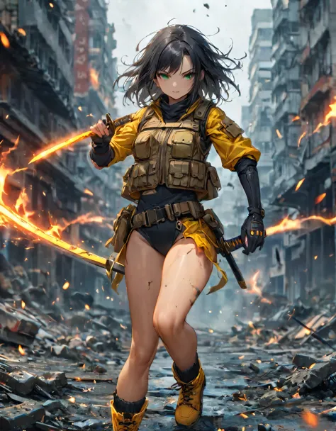 1 girl, close up shot, (black hair, medium hair, medium breasts, green eyes), ninja, perfect anatomy, city, cyberpunk style, ((l...