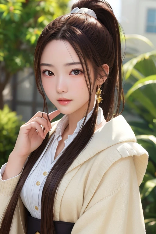 ultra high resolution、masterpiece、highest quality、
highly detailed face、detailed eye、Very difficult、、perfect shiny shiny skin、perfect lighting、detailed lighting、dramatic shadow、ray tracing、16 years old、
1 girl、ponytail hairstyle、Upper body、Dandy costume、looking at the viewer、(slight smile:0.4)