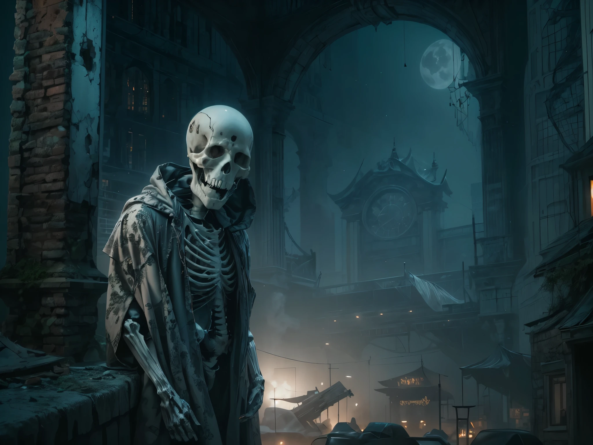 A skeleton ghost in tattered robes. Appearing above the mist-shrouded grave, The atmosphere was terrifying.,,low light,The backdrop is a ruined city.,night time,Lights float in the air,It&#39;s dim.,fade away,The images are highly realistic.,8k, Pictures from horror movies,cyberpunk