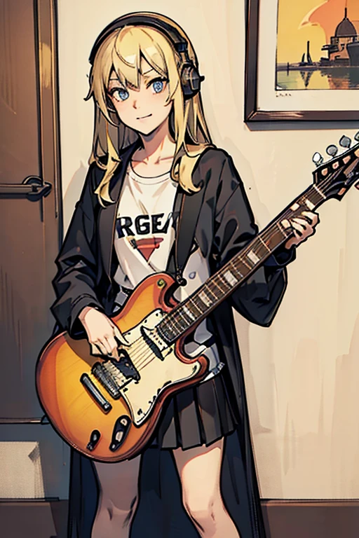 ((masterpiece,highest quality))1 girl, alone, black skirt, blue eyes, electric guitar, guitar, headphones, holding, holding plectrum, musical instrument, long hair, , music, one side up, blue hair, guitarを弾く, pleated skirt, black shirt, Indoors, looking down、looking down、
