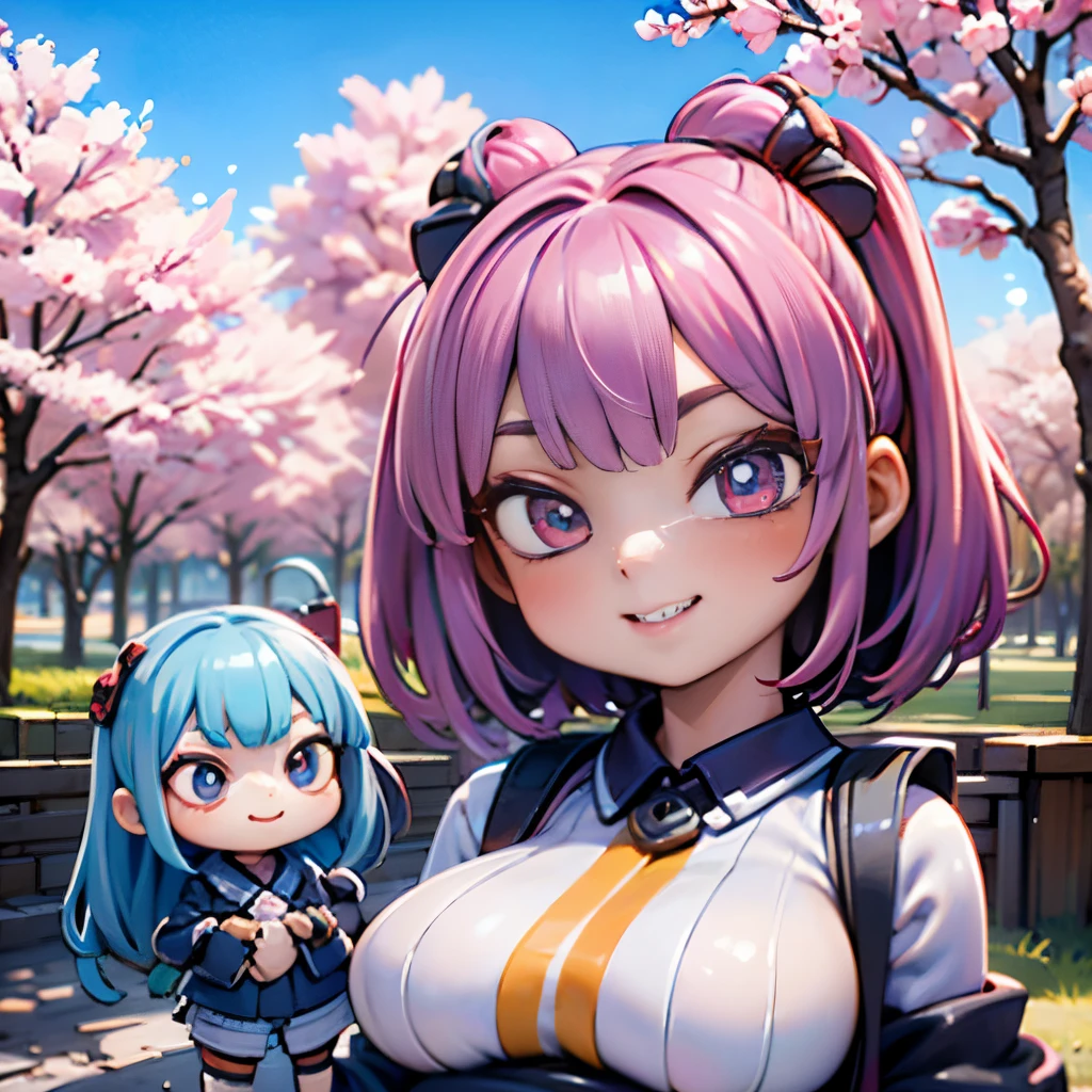 8K quality:1.5,High quallity,high resolution,photograph,cherry blossoms,(1体のDolls,2 headsキャラクタ:1.2),1 girl doll,(figure:1.5,Dolls),cute,smile,blue sky,((2 heads,Big face)),cherry blossoms柄の衣装,Upper body,Big breasts hidden under clothes,Wear all over the body