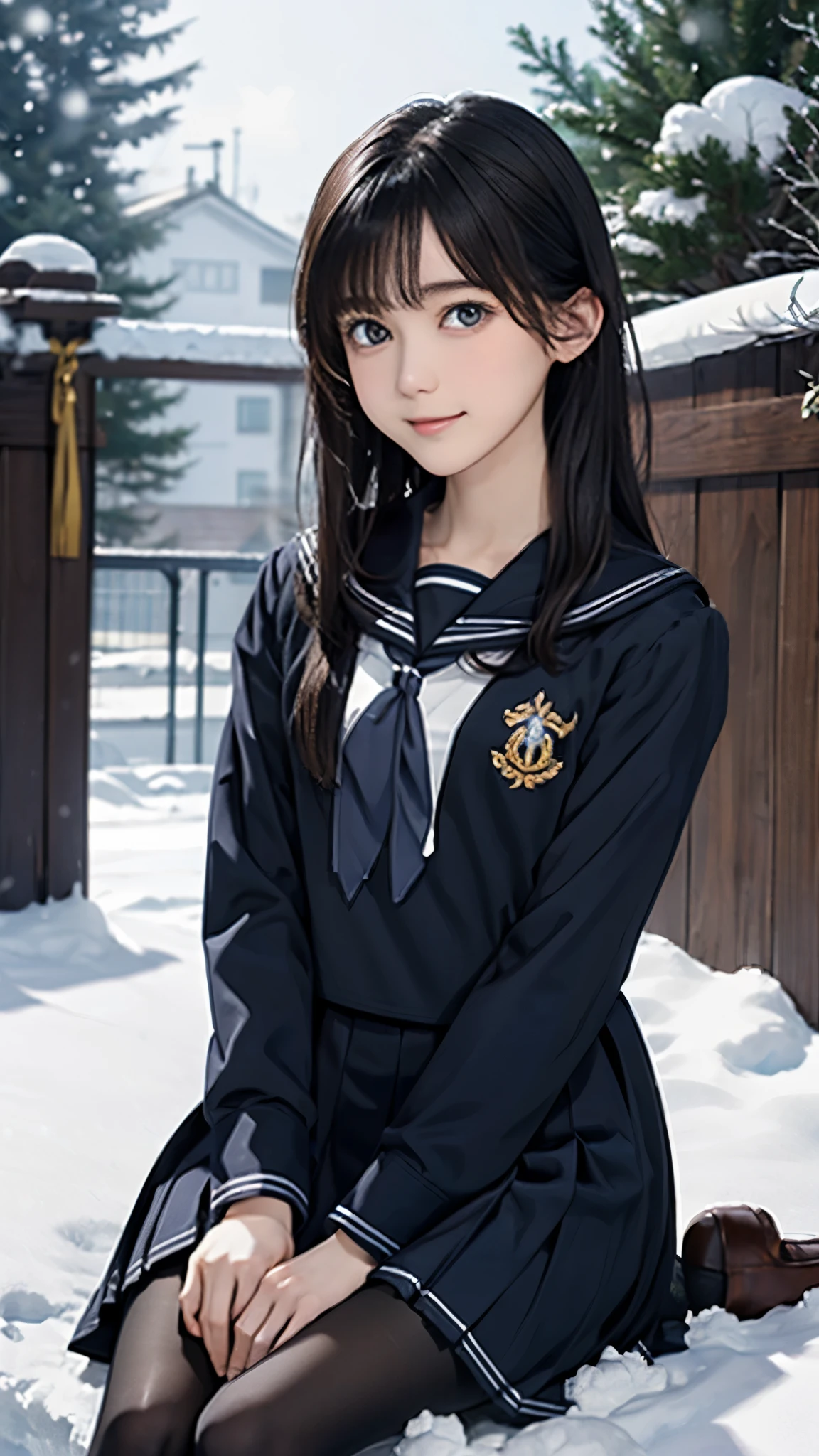 (((Masterpiece))),((top quality)),one beautiful girl,bangs、(black sailor uniform:1.5)、(black pantyhose)、(dark brown loafers)、snow girl, beautiful digital artwork, 美しいsnow girl, beautiful fantasy art, very beautiful fantasy art, beautiful digital art,(sitting in the snow:1.5)