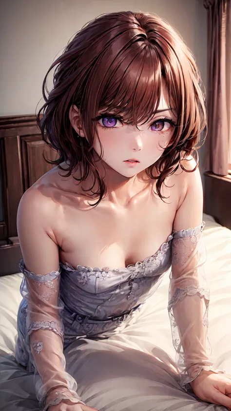 super detailed(eye:1.7),highest quality、best image quality、on the bed、beautiful cleavage、disheveled clothes、thin、humiliated face...