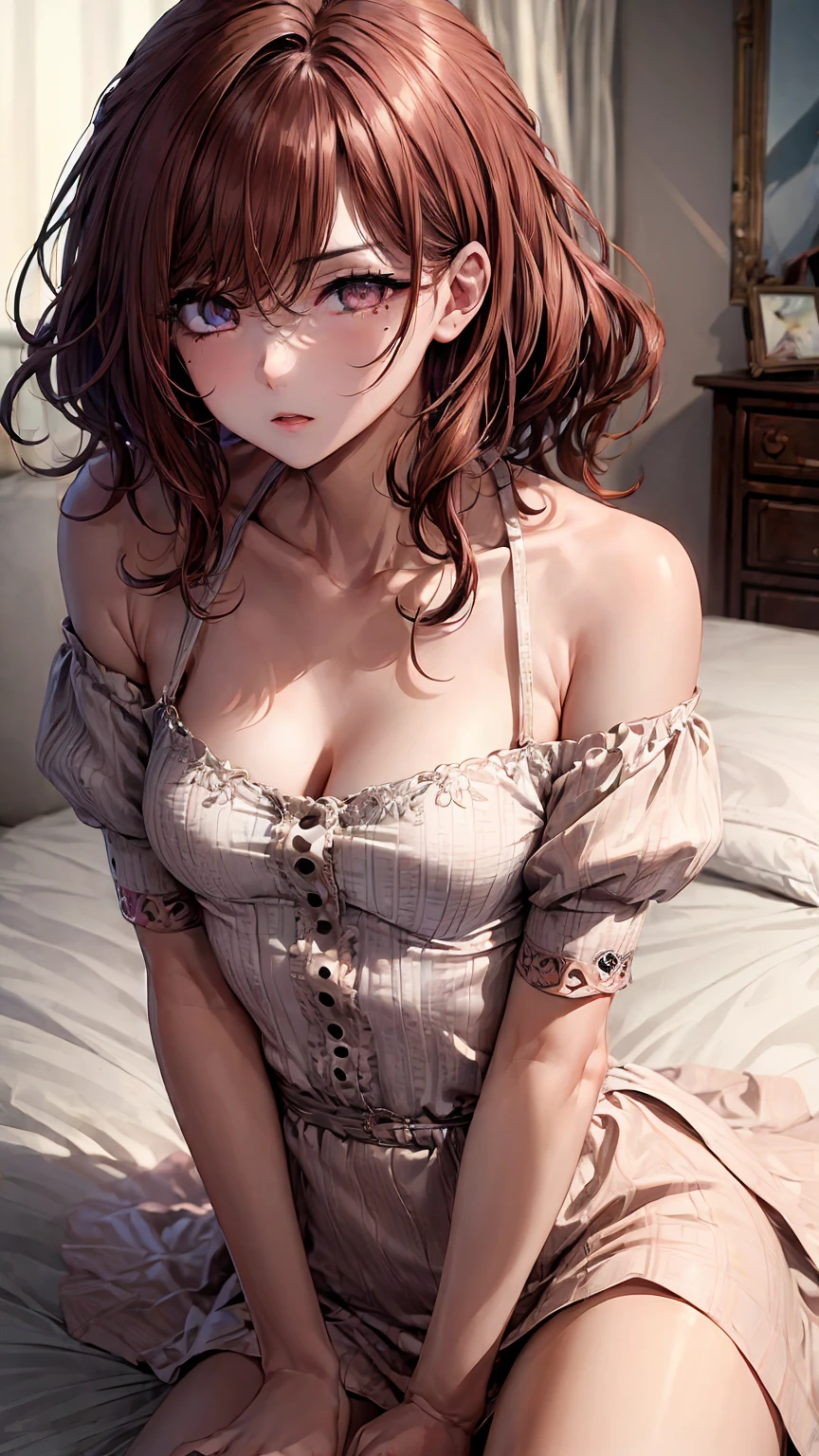 Super detailed(eye:1.7),highest quality、best image quality、on the bed、beautiful cleavage、disheveled clothes、thin、humiliated face、dog pose、Super detailed、small breasts