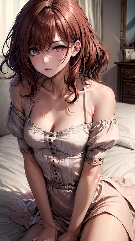 Super detailed(eye:1.7),highest quality、best image quality、on the bed、beautiful cleavage、disheveled clothes、thin、humiliated face...