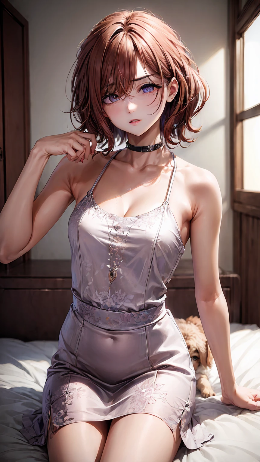 Super detailed(eye:1.7),highest quality、best image quality、on the bed、beautiful cleavage、disheveled clothes、thin、humiliated face、dog pose、Super detailed、small breasts