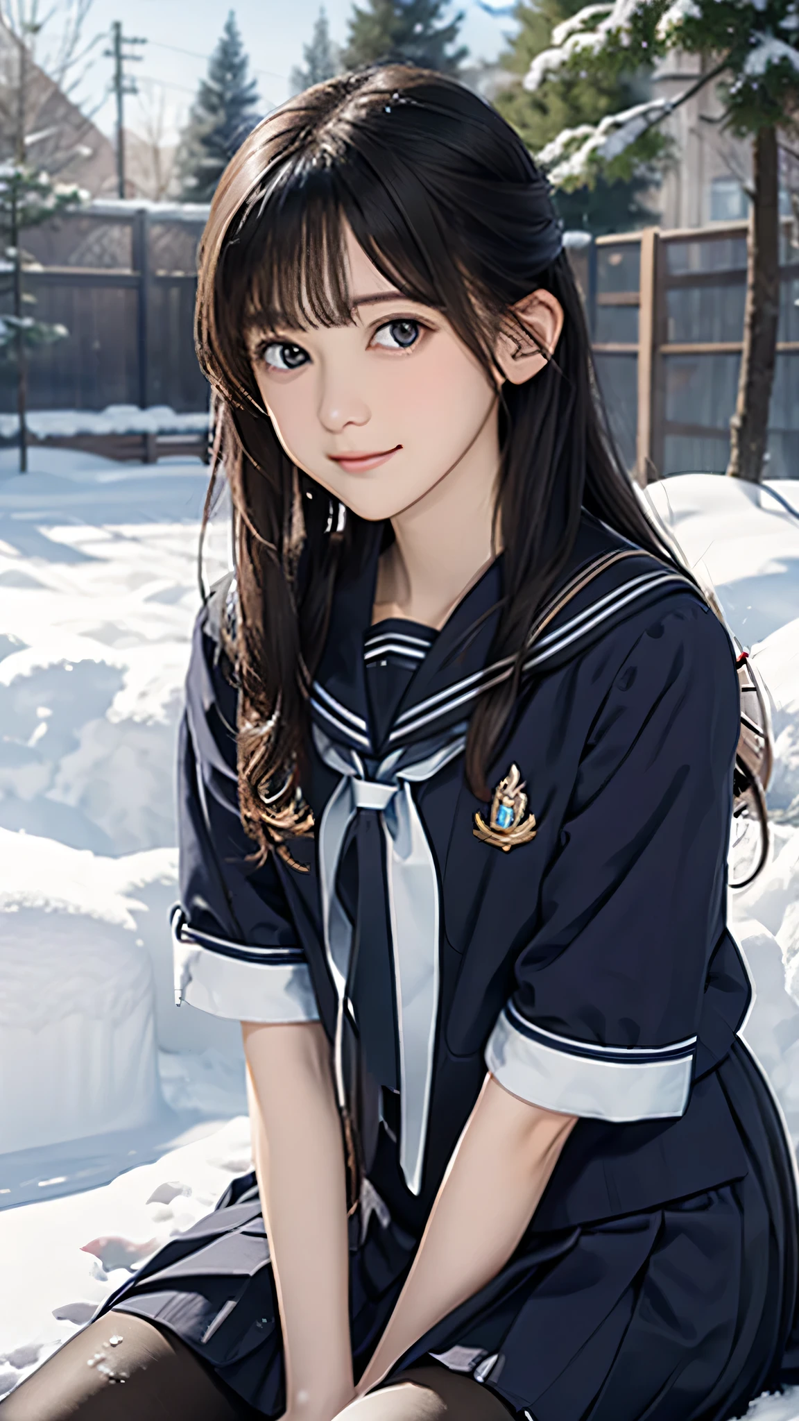 (((Masterpiece))),((top quality)),one beautiful girl,bangs、(black sailor uniform:1.5)、(black pantyhose)、(dark brown loafers)、snow girl, beautiful digital artwork, Beautiful snow girl, beautiful fantasy art, very beautiful fantasy art, beautiful digital art,(sitting in the snow:1.5)