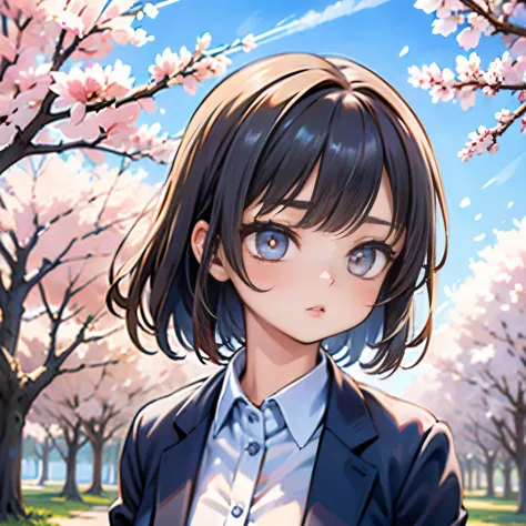 cherry blossoms,charactor,girl,blue sky,2 heads,real