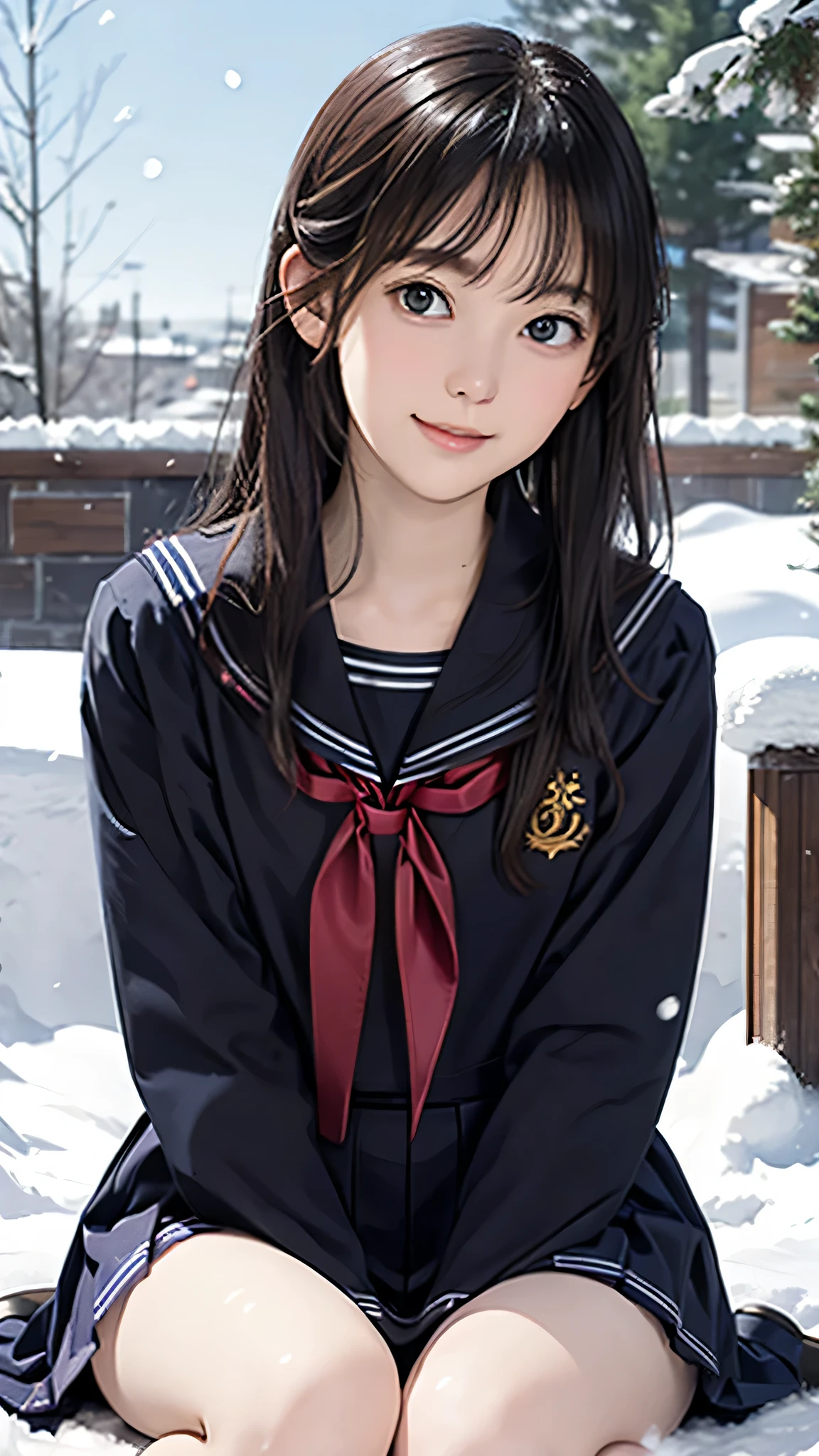 (((Masterpiece))),((top quality)),one beautiful girl,bangs、(black sailor uniform:1.5)、(black pantyhose)、(dark brown loafers)、snow girl, beautiful digital artwork, Beautiful snow girl, beautiful fantasy art, very beautiful fantasy art, beautiful digital art,(sitting in the snow:1.5)