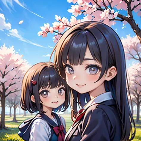 cherry blossoms,charactor,girl,cute,smile,blue sky,((2 heads)),real,one person