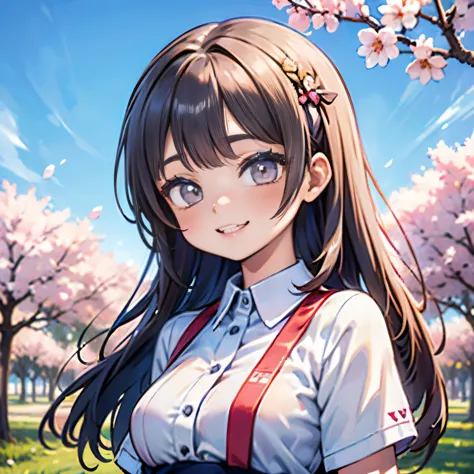 cherry blossoms,charactor,girl,cute,smile,blue sky,((2 heads)),real,one person