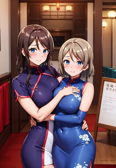 2 girls, hug,Mr. Watanabe, blue eyes,big breasts, China dress, No sleeve,red face,dull hair,curved body