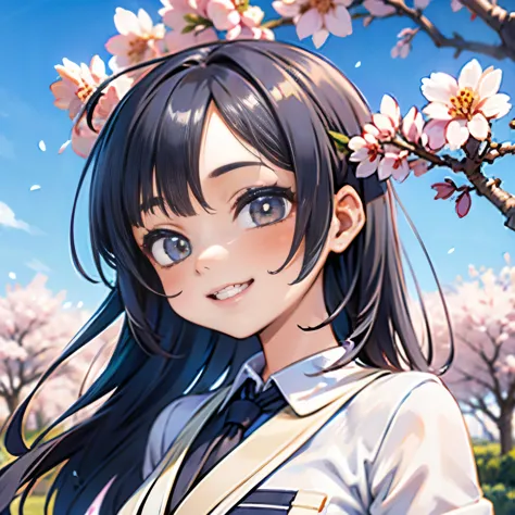 cherry blossoms,charactor,girl,cute,smile,blue sky,((2 heads)),real,((one person)),figure