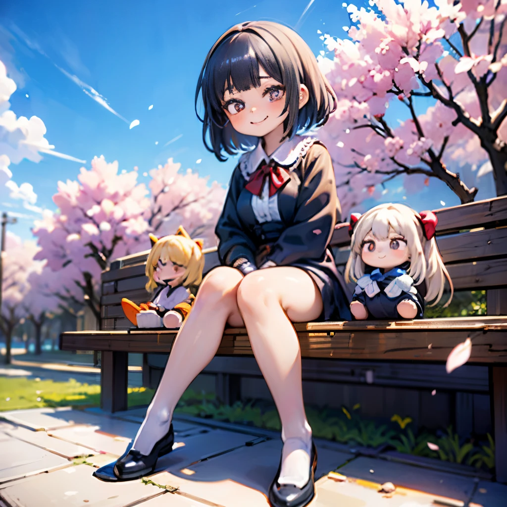 8K quality:1.5,High quallity,high resolution,photograph,cherry blossoms,(Dolls,charactor,2 headscharactor:1.2),1 girl doll,(figure:1.5,Dolls),cute,smile,blue sky,((2 heads,Big face)),Cherry blossoms patterned outfit,whole body,thin legs,short limbs