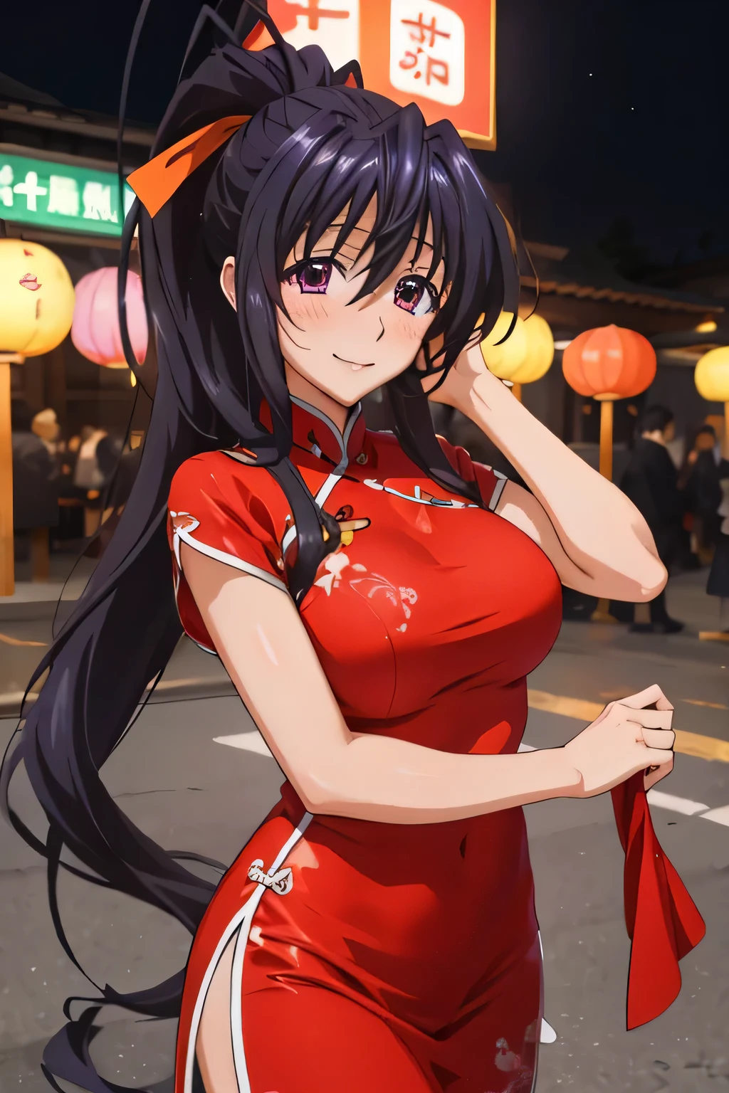 Anime girl in red dress with red bow and black hair - SeaArt AI