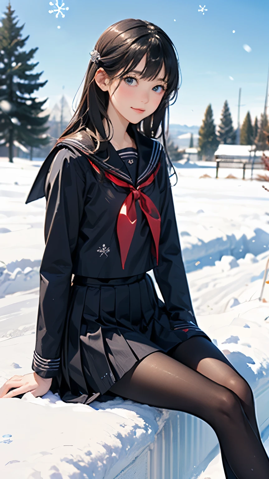 (((Masterpiece))),((top quality)),one beautiful girl,bangs、(black sailor uniform:1.5)、red scarf、(black pantyhose)、(dark brown loafers)、snow girl, beautiful digital art work, 美しいsnow girl, beautiful fantasy art, very beautiful fantasy art,,(sitting in the snow:1.5)