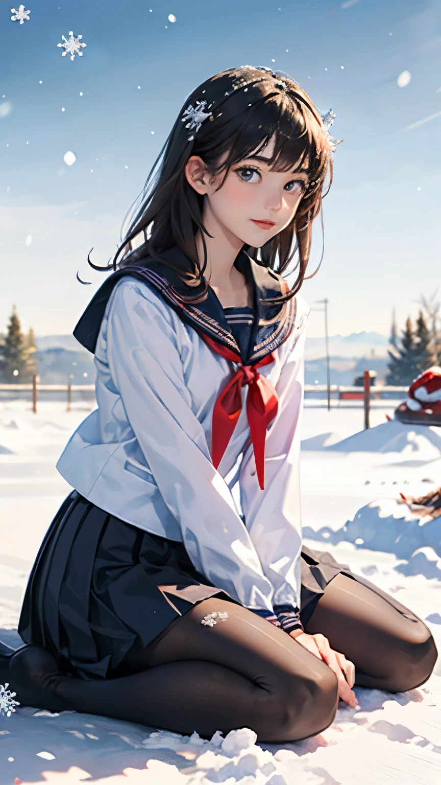 (((Masterpiece))),((top quality)),one beautiful girl,bangs、(black sailor uniform:1.5)、red scarf、(black pantyhose)、(dark brown loafers)、snow girl, beautiful digital art work, 美しいsnow girl, beautiful fantasy art, very beautiful fantasy art,,(sitting in the snow:1.5)