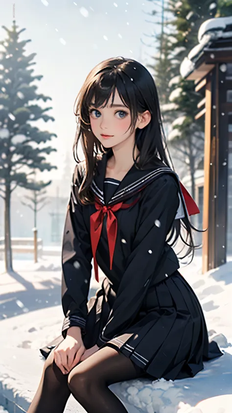 (((masterpiece))),((top quality)),one beautiful girl,bangs、(black sailor uniform:1.5)、red scarf、(black pantyhose)、(dark brown lo...