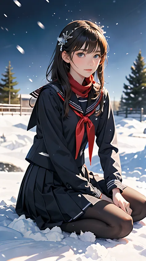 (((Masterpiece))),((top quality)),one beautiful girl,bangs、(black sailor uniform:1.5)、red scarf、(black pantyhose)、(dark brown lo...