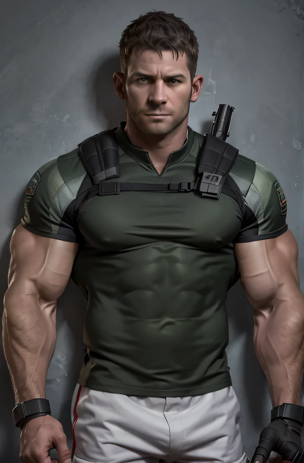 1 person, alone, 35 years old, chris redfield, Wearing a green T-shirt, serious face, looking at camera, Shoulder White，bsaa logo on shoulder, military tactics, equipment, (2 hands holding a pistol), tall and strong, biceps, abdominal muscles, Chest, best quality, masterpiece, High resolution:1.2, upper body shot, Pitch-black corridors，No background