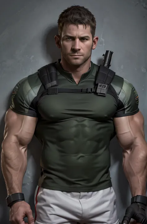 1 person, alone, 35 years old, chris redfield, Wearing a green T-shirt, serious face, looking at camera, Shoulder White，bsaa log...