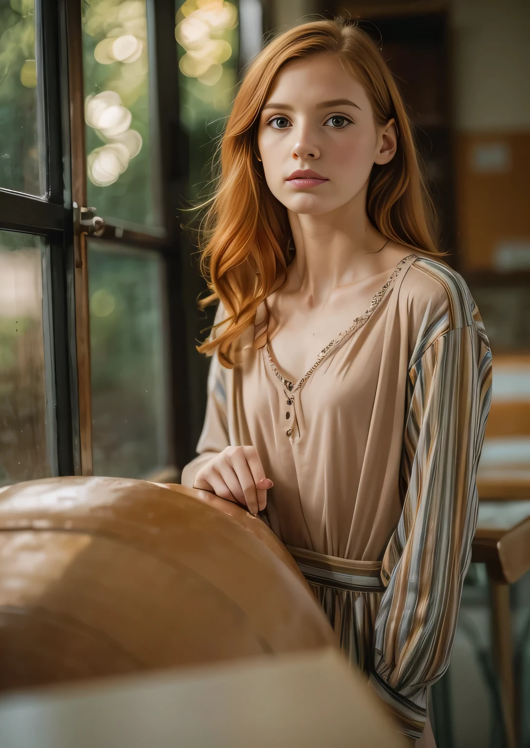 A woman with red hair standing in front of a window - SeaArt AI