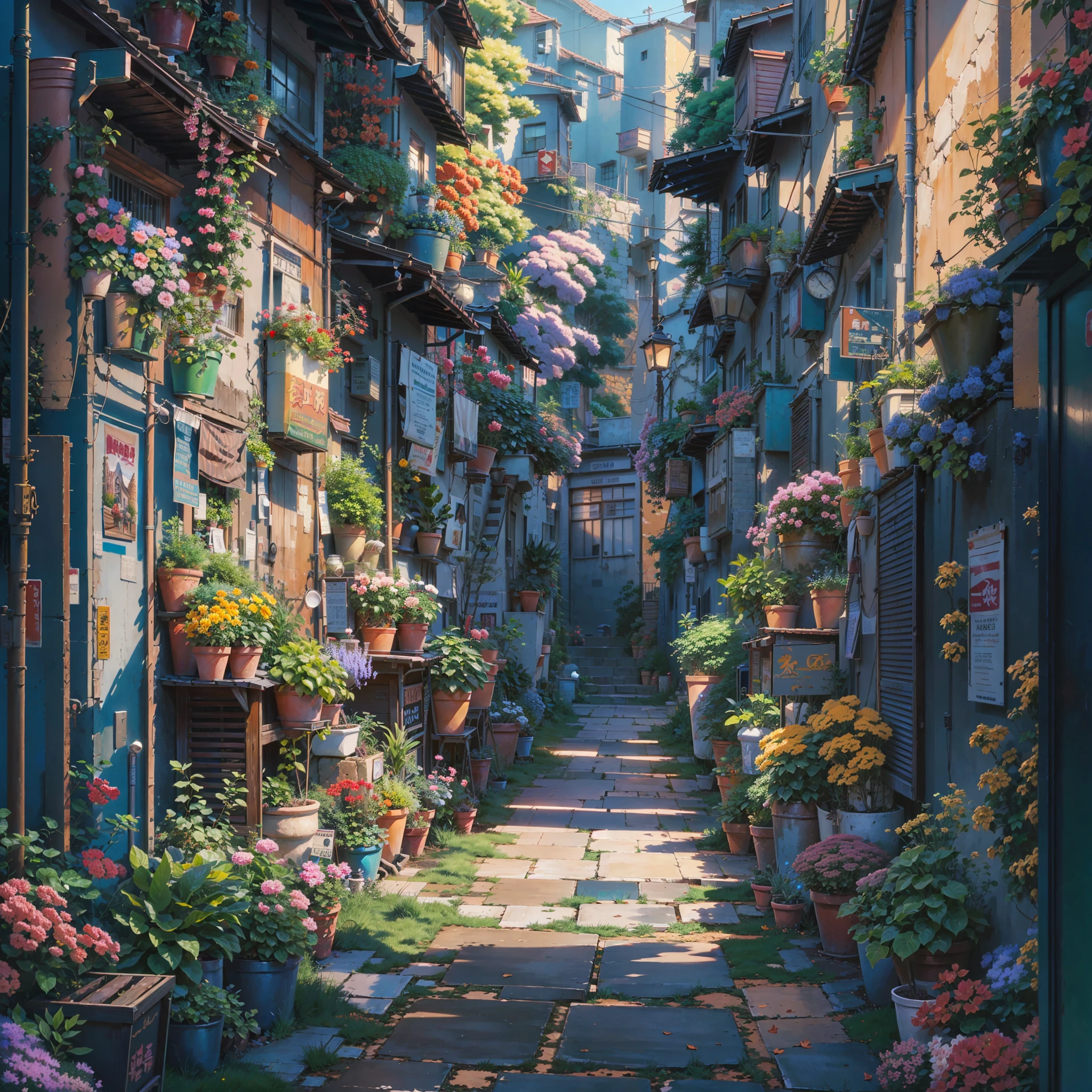 narrow alley with a lot of plants, anime background art, anime style cityscape, anime art wallpaper 8 k, anime scenery concept art, anime art wallpaper 4 k, anime art wallpaper 4k, colorful concept art, highly detailed digital painting, very detailed digital painting, japanese street, painted in anime painter studio, colorful anime movie background, alley with dead end
