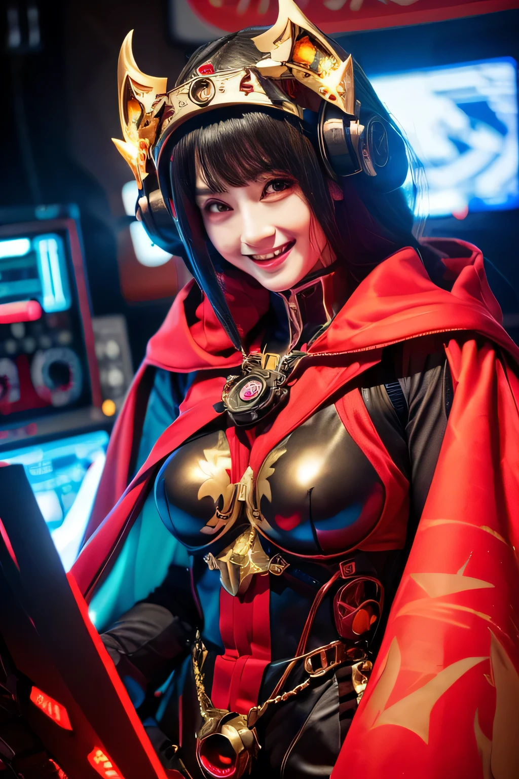 The picture shows a (cute) Adeptus Mechanicus girl. Her gaze is penetrating, and her face is hidden under a mask with monitors and LEDs. Graceful mechanical limbs complete her elegant appearance, and her outfit emphasizes her strength and uniqueness in the world of technology, big head, cute girl, red cloak , laughing, (((chibi)), ful body, full legth,  