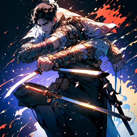 a black hair men holds a sword to a war, shining blade, fantasy sword, light effect on sword, masterpiece, best quality, dramati...