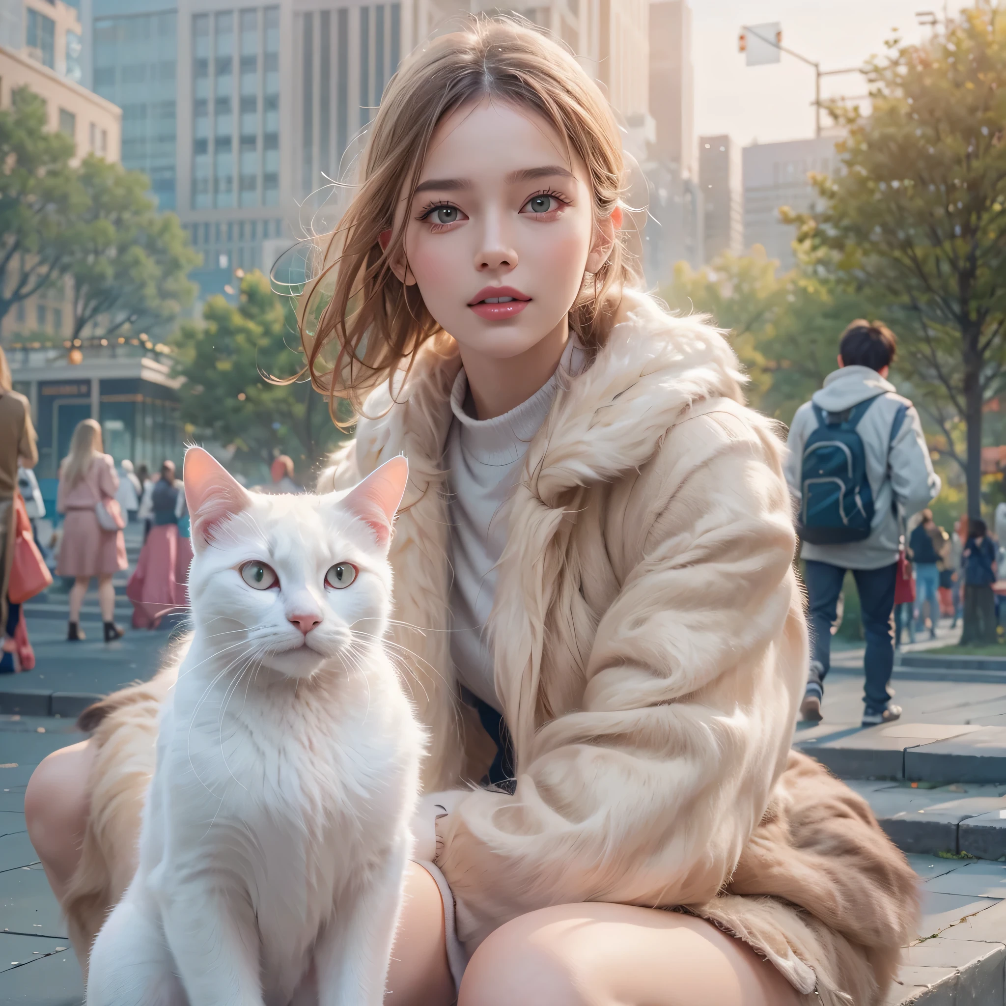 (highest quality like a photograph),live-action,(A beautiful woman is sitting with a cat beside her),(a very detailed White cat),High quality,8k,(high-quality like a photograph),masterpiece:1.3,(a beautiful girl), (very elegant and futuristic sporty fashion),(Gentle smile),(a stylish park),(urban landscape),((There are five fingers on each hand)),pedestrians are visible,pink