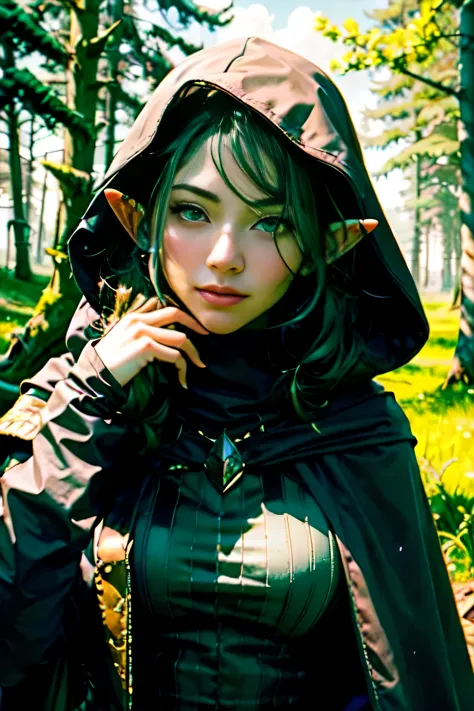 best quality , masterpiece, close up portrait, 1girl, elven armor, dark cloak hood over head, outdoors, nature, wilderness, look...