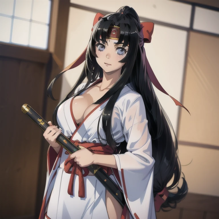 ((masterpiece, best quality, high resolution, UHD, pixel perfect, depth of field, 8k, RTX, HDR))cowboy shot, BREAK, 1girl, single, alone, beautiful anime girl, beautiful art style, anime character, ((style of Akame Ga Kill!)),((long hair, black hair)), (red:1.4, round eyes, beautiful eyelashes, realistic eyes), big chest 1.8, with cleavage, neckline, blushing, wears a red band on her head, with a white Busdist kimono, BREAK, in pose dynamic, holding a katana with one hand in a old dojo of japan