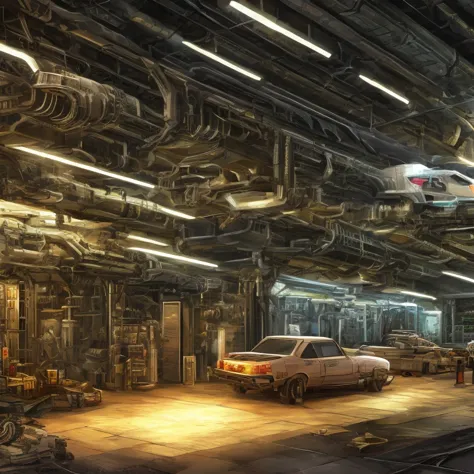 create an illustration of a car parts and gun parts workshop, no estilo cyberpunk, with the entire interior of the place sampled