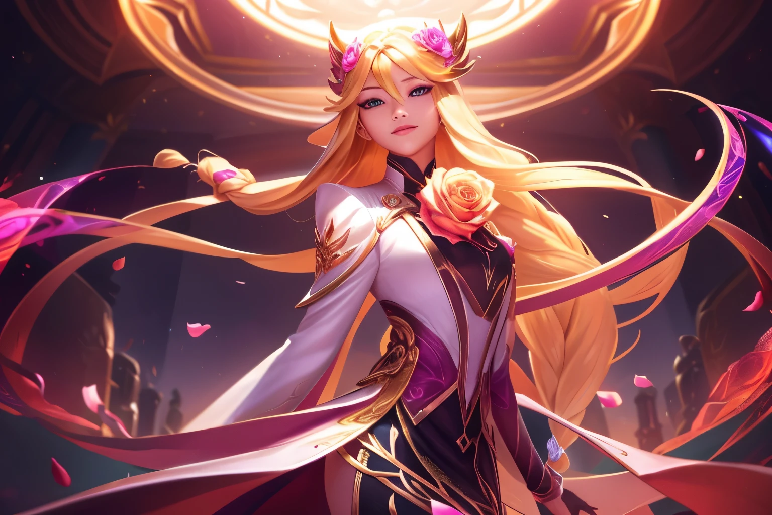 1 pessoa, cabelo loiro longo, privilégio, (เวทมนตร์brilharสีทองดำ:1.2), Harmonia, Arte inicial de League of Legends, mulher,Olhos castanhos,brilhar,vista frontal,Palácio,Casaco branco,Amarre seu cabelo,camisa branca,segurando uma espada,Lutar,flor,Esquentar,Trança,Magia negra,espectro,vidro quebrado,Terno com ombreiras,rosa,magia de fogo dourado(กลีบrosa:1.2),หนามrosaสีทอง